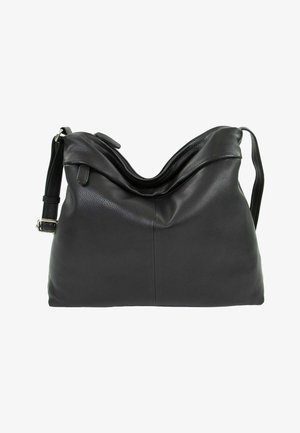 Borsa a spalla in pelle nera con un design morbido, caratterizzata da una finitura testurizzata, apertura superiore e tracolla regolabile.