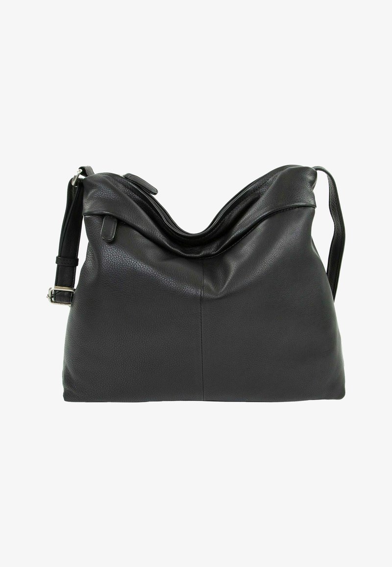 Borsa a spalla in pelle nera con un design morbido, caratterizzata da una finitura testurizzata, apertura superiore e tracolla regolabile.