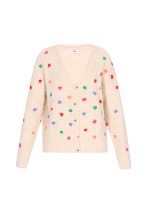 Bézs színű kardigán, V-kivágással, több színben pompázó szív alakú mintákkal. Öt gombos záródás, textúrált anyag, hosszú ujjú.