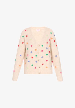 Šviesiai rusvas kardiganas su V formos iškirpte, puošiamas įvairiaspalviais širdelės raštais. Uždarymas su penkiomis mygtukais, tekstūruota medžiaga ir ilgos rankovės.