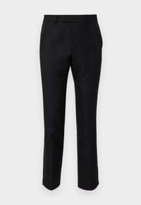Black tailored pants with a slim fit, featuring side pockets and a smooth texture. The edges are finished with a clean hem.
