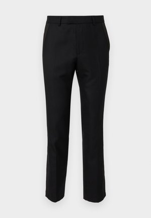 Pantalons noirs ajustés avec une coupe slim, dotés de poches latérales et d'une texture lisse. Les bords sont finis avec un ourlet net.