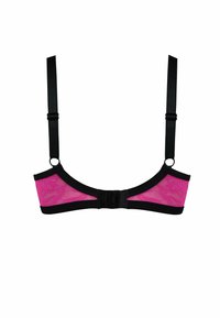 Biustonosz z czarnym pasem i regulowanymi ramiączkami, z różowymi miseczkami z koronką ozdobioną kwiatowymi wzorami. Widoczne zapięcie z przodu.