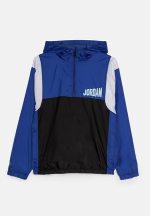 Blaue, schwarze und weiße Kapuzenjacke mit Frontreißverschluss und "JORDAN"-Schriftzug auf der oberen Brust, elastischen Bündchen und seitlichen Taschen.