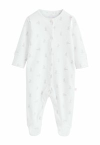 Hvid babybodystocking lavet af blødt stof med et diskret kaninmønster, lange ærmer, trykknapper foran og foddækkende ben.