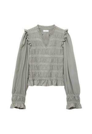 Blusa verde chiaro caratterizzata da scollatura a V, design smock, maniche a sbuffo e polsini elasticizzati con dettagli di cucitura intricati.