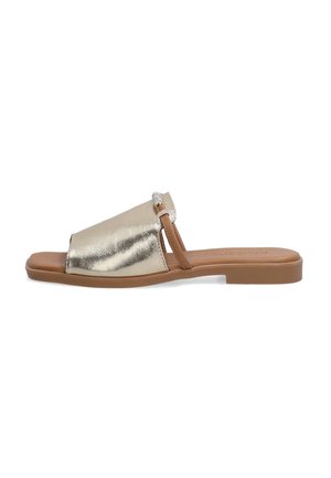 Metallic gold slide sandals with a cushioned brown sole. Features an open toe design and a decorative buckle accent on the upper strap.