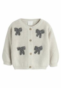 Gaišbeidzis adīts kardigans ar pelēkiem lokiem, kas piedāvā apaļu izgriezumu, pogu aizdari un ribotas aproces.