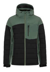 Gevoerde jas met een zwart lichaam en groene accenten, een aansluitende capuchon, een ritszak op de borst en textuurpanelen.