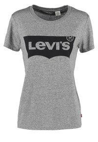 Szary t-shirt z krótkim rękawem z czarnym prostokątnym logo z napisem "Levi's" dużymi białymi literami na piersi.