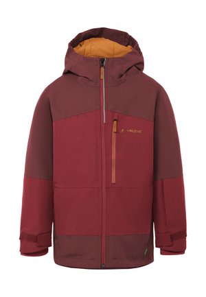 Giacca con cappuccio color granata e rosso scuro con cerniera frontale, tasca sul petto e cinturini regolabili ai polsi, fodera interna del cappuccio giallo senape.