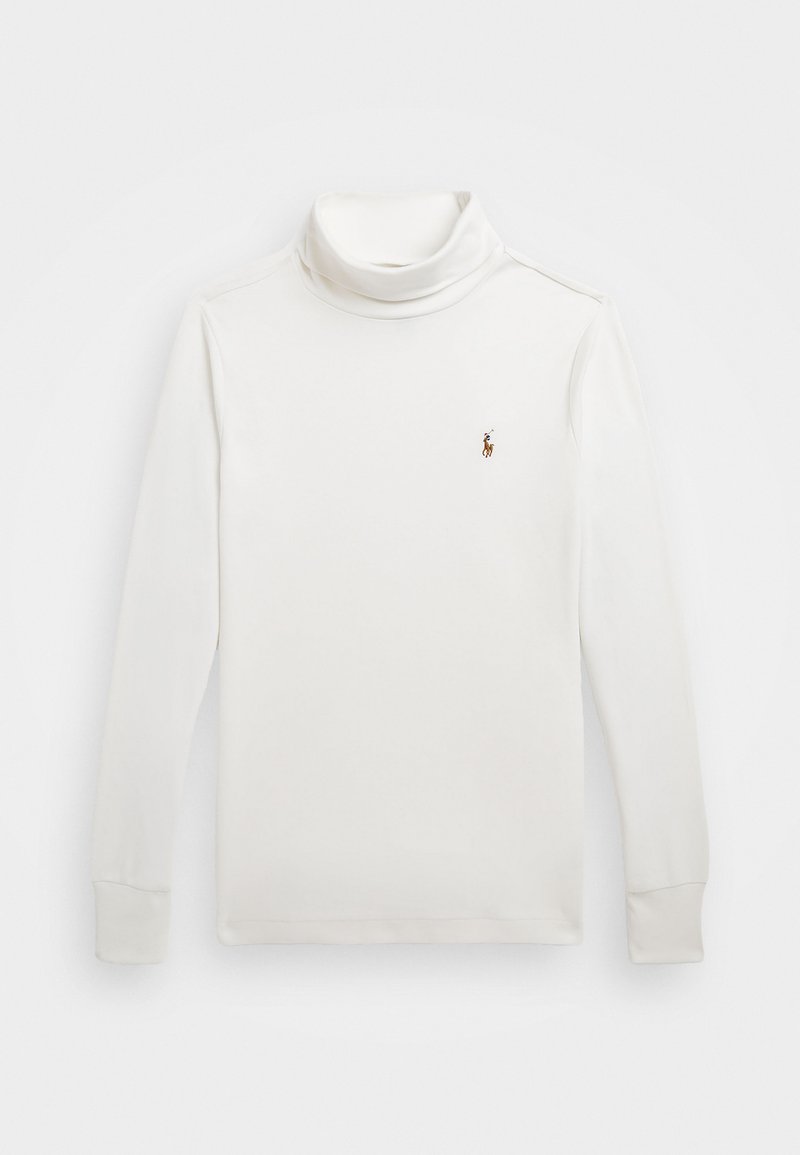 Λευκό πουλόβερ με μακριά μανίκια και λαιμόκοψη από μαλακό ύφασμα. Διαθέτει ένα μικρό καφέ λογότυπο στο στήθος και εφαρμοστά μανίκια. Απλός σχεδιασμός.