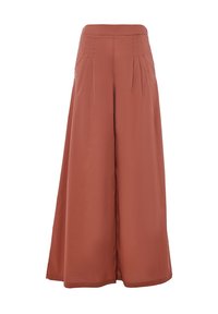 Wide-leg trousers in rust color, made of smooth fabric. Features pleats at the waist and a high-rise fit. No visible hardware or patterns.