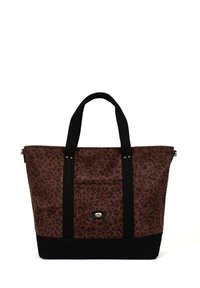 Borsa a spalla con stampa leopardata marrone, dettagli e manici in tela nera, dotata di accessori in oro e di una tasca frontale. Materiale resistente, design spazioso.