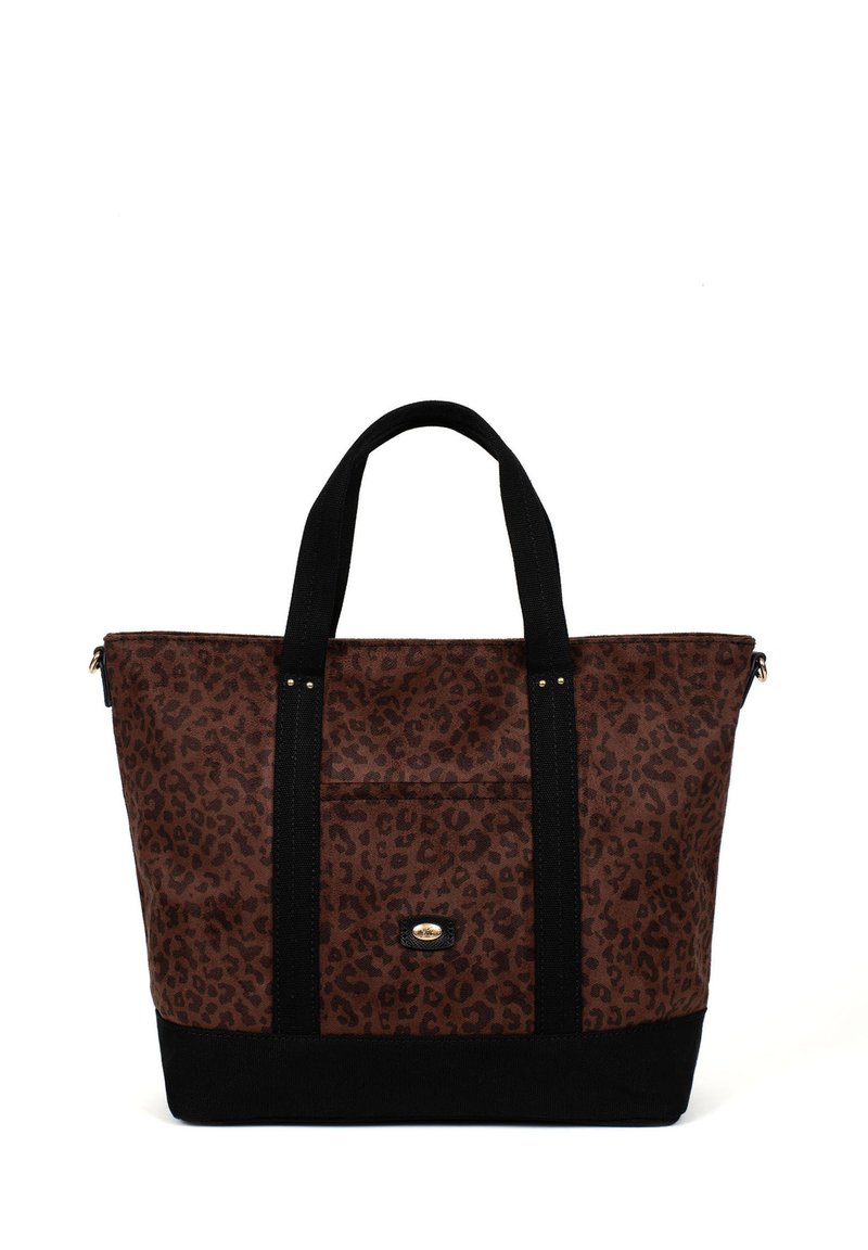 Borsa a spalla con stampa leopardata marrone, dettagli e manici in tela nera, dotata di accessori in oro e di una tasca frontale. Materiale resistente, design spazioso.