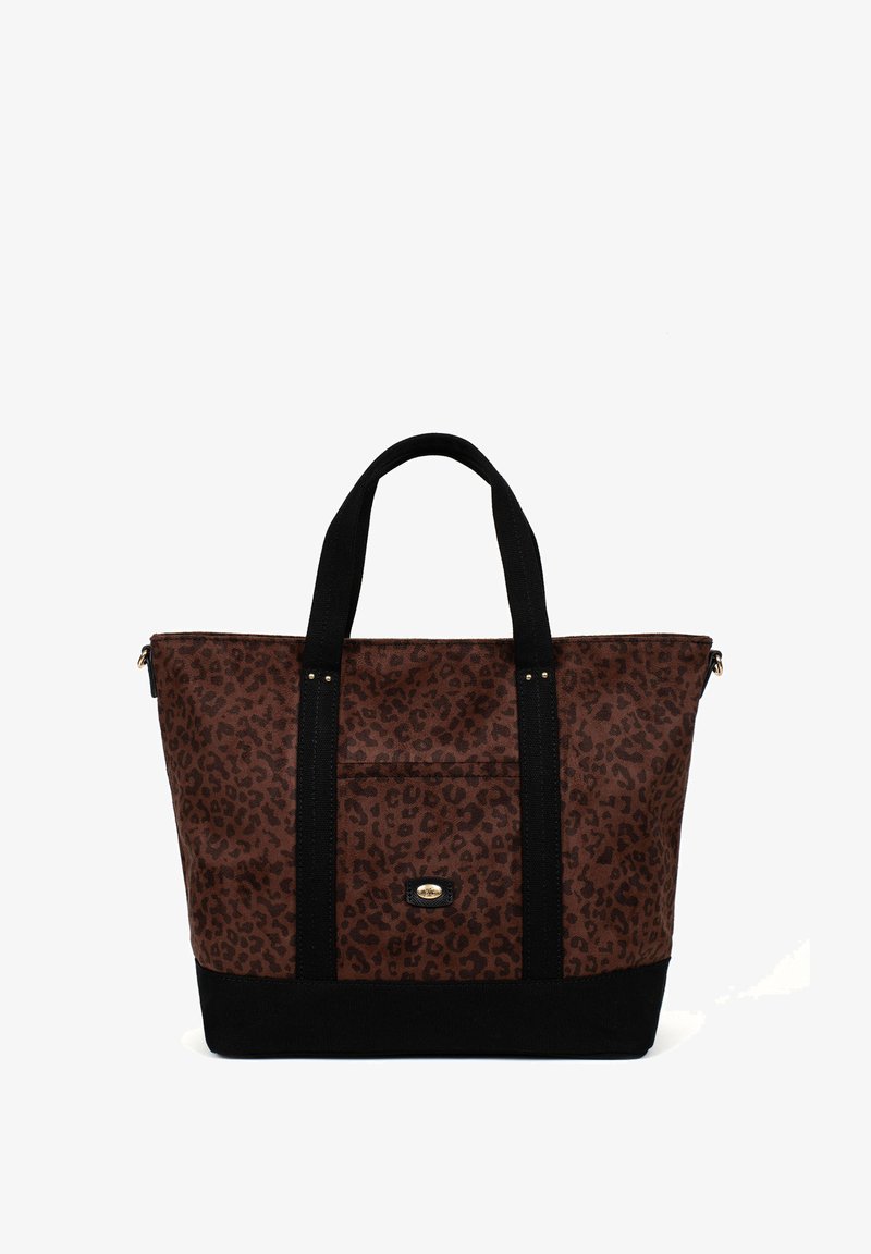 Sac fourre-tout imprimé léopard marron avec des accents en toile noire et des poignées, doté de quincaillerie dorée et d'une poche avant. Matériau durable, design spacieux.