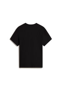 Black short-sleeve t-shirt made of cotton. Features a round neck and straight hem with no visible patterns or accents on the back.