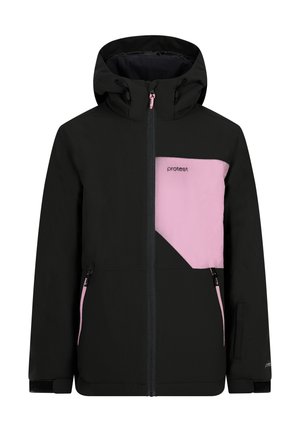 Schwarze Skijacke aus wasserabweisendem Material, mit pinkfarbenem diagonalen Akzent auf der Brust, Reißverschlusstaschen und Kapuze.