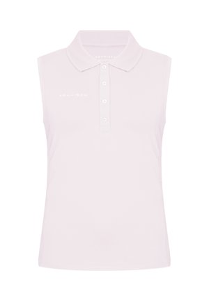 Ærmeløs polo i lys pink. Har en klassisk krave, fem knapper og logo trykt i hvid. Glat, åndbart stof.