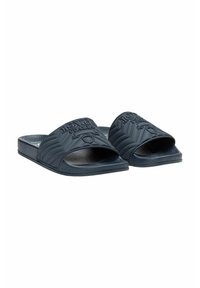 Navy blue rubber slide sandals featuring a textured upper with quilted pattern and embossed logo. Flat sole with a smooth finish.