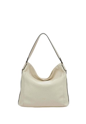 Borsa a tracolla in pelle color crema con una singola tracolla larga e una forma molle, rettangolare e morbida.