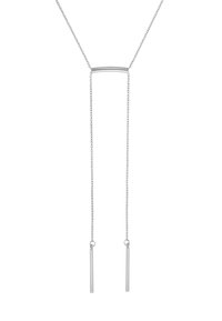 Collana d'argento con un centro a barra orizzontale e due barre verticali pendenti, su una catena fine. Design elegante e minimalista.