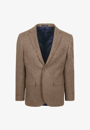 Brauner Fischgrät-Blazer, mit einem einzelnen Knopfverschluss, zwei vorderen Taschen und einem marineblauen Futter. Strukturierter Stoff erhöht das visuelle Interesse.