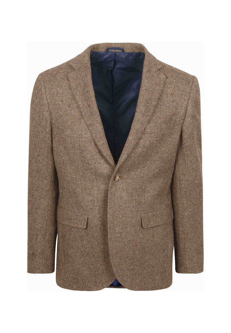 Bruine visgraat blazer, met een enkele knoop aan de voorkant, twee voorzakken en een marineblauwe voering. De geweven stof verhoogt de visuele aantrekkingskracht.