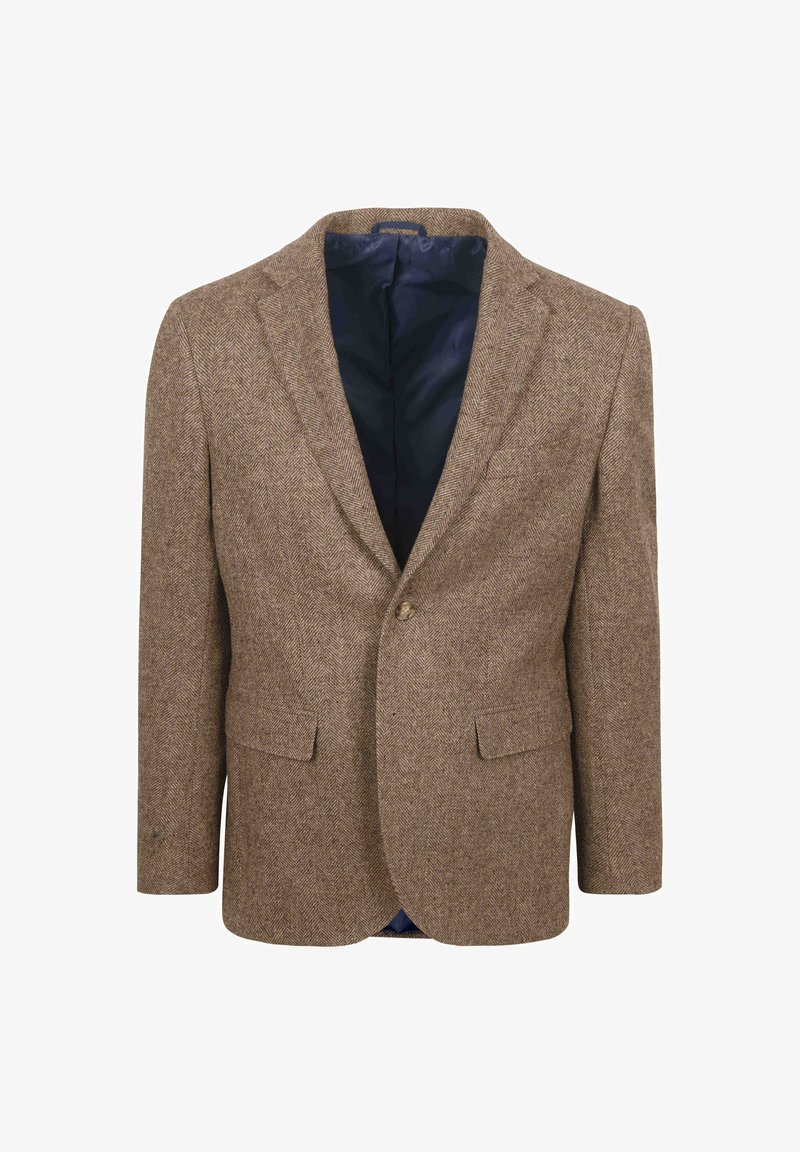 Bruine visgraat blazer, met een enkele knoop aan de voorkant, twee voorzakken en een marineblauwe voering. De geweven stof verhoogt de visuele aantrekkingskracht.
