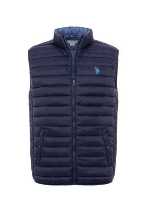 Navy blue quilted sleeveless vest with front zipper, two snap-button pockets, and light blue horse rider logo on chest.
