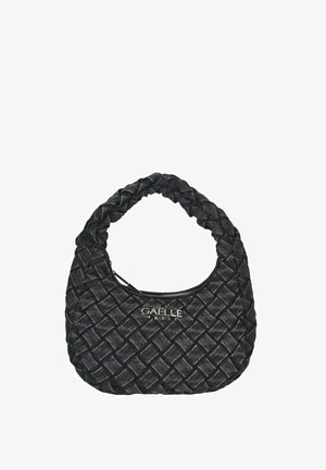 Borsa a tracolla intrecciata nera con manico intrecciato corto e logo "Gaelle Paris" in argento sul davanti, chiusura con zip nella parte superiore.