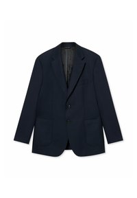 Blazer blu navy con una texture liscia, due tasche frontali, chiusura con un solo bottone e rever a incavo. Fodera interna di colore scuro.