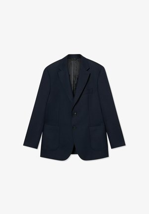 Blazer blu navy con una texture liscia, due tasche frontali, chiusura con un solo bottone e rever a incavo. Fodera interna di colore scuro.