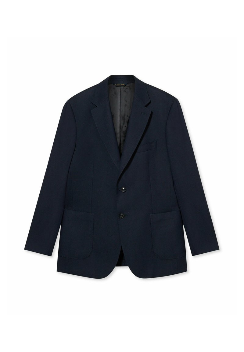 Blazer blu navy con una texture liscia, due tasche frontali, chiusura con un solo bottone e rever a incavo. Fodera interna di colore scuro.