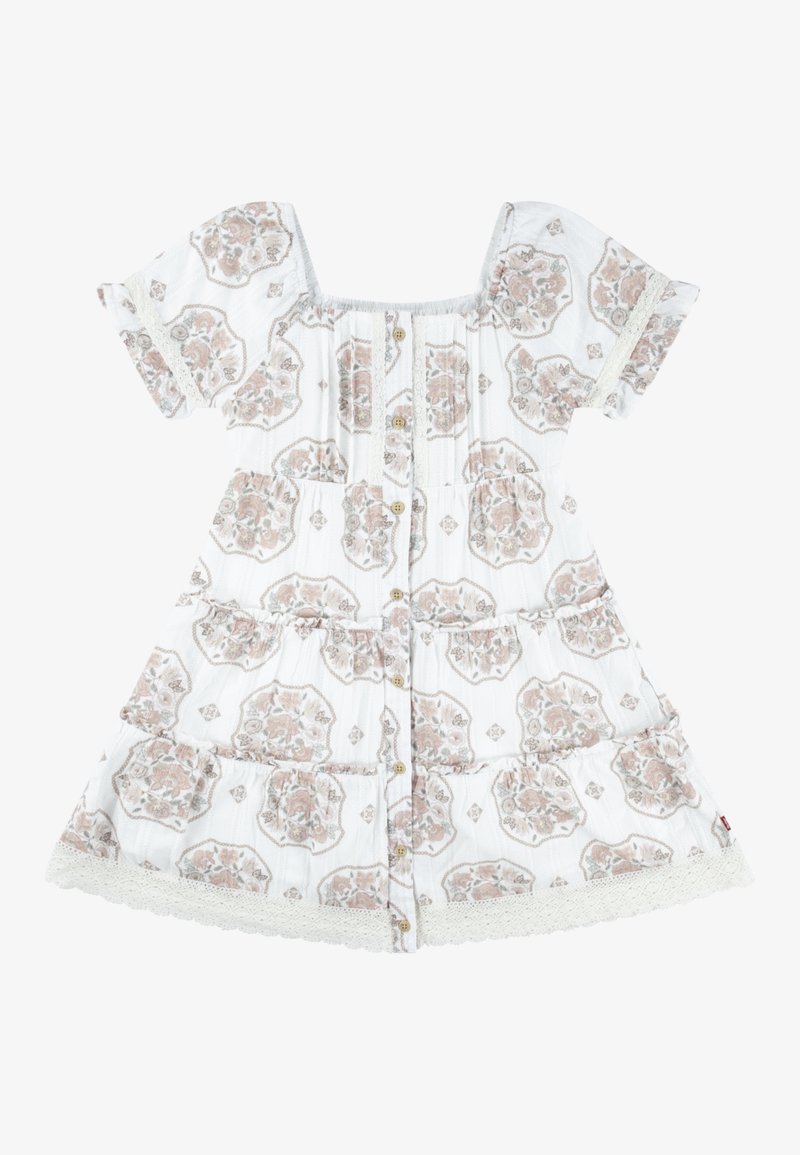 Robe blanche à manches courtes avec motifs floraux roses, boutons marron sur le devant, jupe à volants et bordure en dentelle aux manches et à l'ourlet.