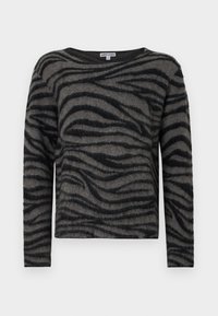 Μαύρο και γκρι πουλόβερ με ρίγες ζέβρας, μακριά μανίκια, μαλακή υφή, στρογγυλή λαιμόκοψη, κοντό σχέδιο. Ετικέτες ορατές μέσα στον γιακά.