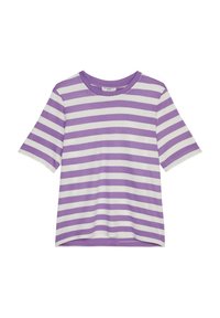 Purple and white striped t-shirt, short sleeves, round neckline, cotton material, relaxed fit, hemline slightly curved at the bottom.