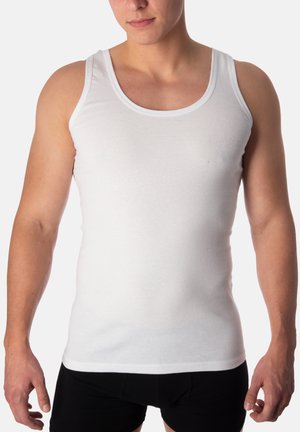 White tank top made of cotton, featuring a round neckline and narrow straps, fitted design with a smooth texture.