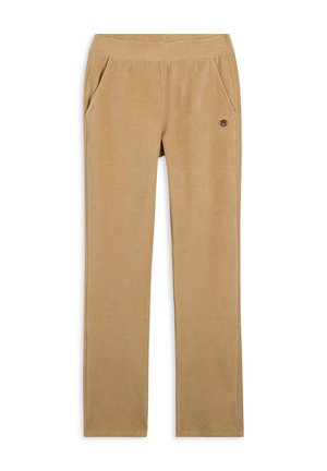 Pantaloni lounge color crema realizzati in tessuto morbido, con cintura elastica, due tasche laterali e un sottile logo sul fianco sinistro.