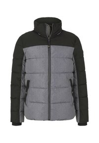 Veste en duvet avec un corps gris et des épaules noires. Comprend une fermeture éclair intégrale, des poches latérales et un matelassage horizontal pour l'isolation.
