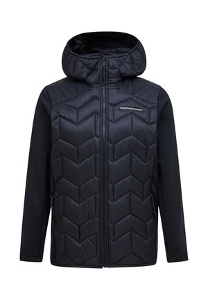 Veste noire isolante avec un motif matelassé en chevron à l'avant, une capuche et des côtés en tissu extensible munis de poches zippées.