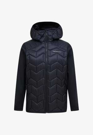 Zwarte geïsoleerde jas met een chevron-gequilte voorkant, een capuchon en stretchstof zijkanten met ritssluitbare zakken.