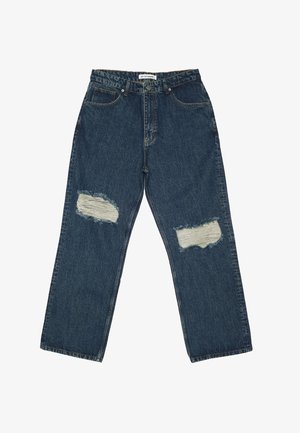 Blue denim jeans with a loose fit, featuring two distressed knee patches and a classic five-pocket design with contrasting stitching.