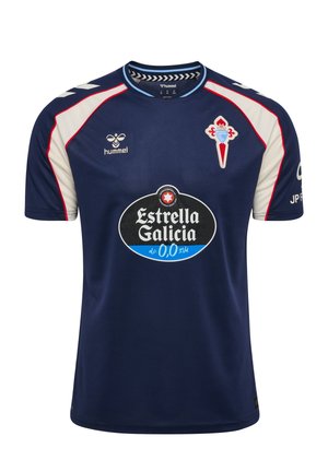 Mørkeblå sportstrøje med hvide og røde accenter, Estrella Galicia-logo i midten, Hummel-logo på højre bryst og et rødt kors-emblem på venstre bryst.