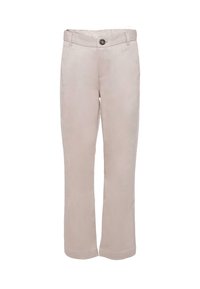 Pantaloni beige a gamba dritta realizzati in tessuto morbido. Presentano una chiusura frontale con bottone, passanti per cintura e tasche laterali. Design semplice, senza motivi.