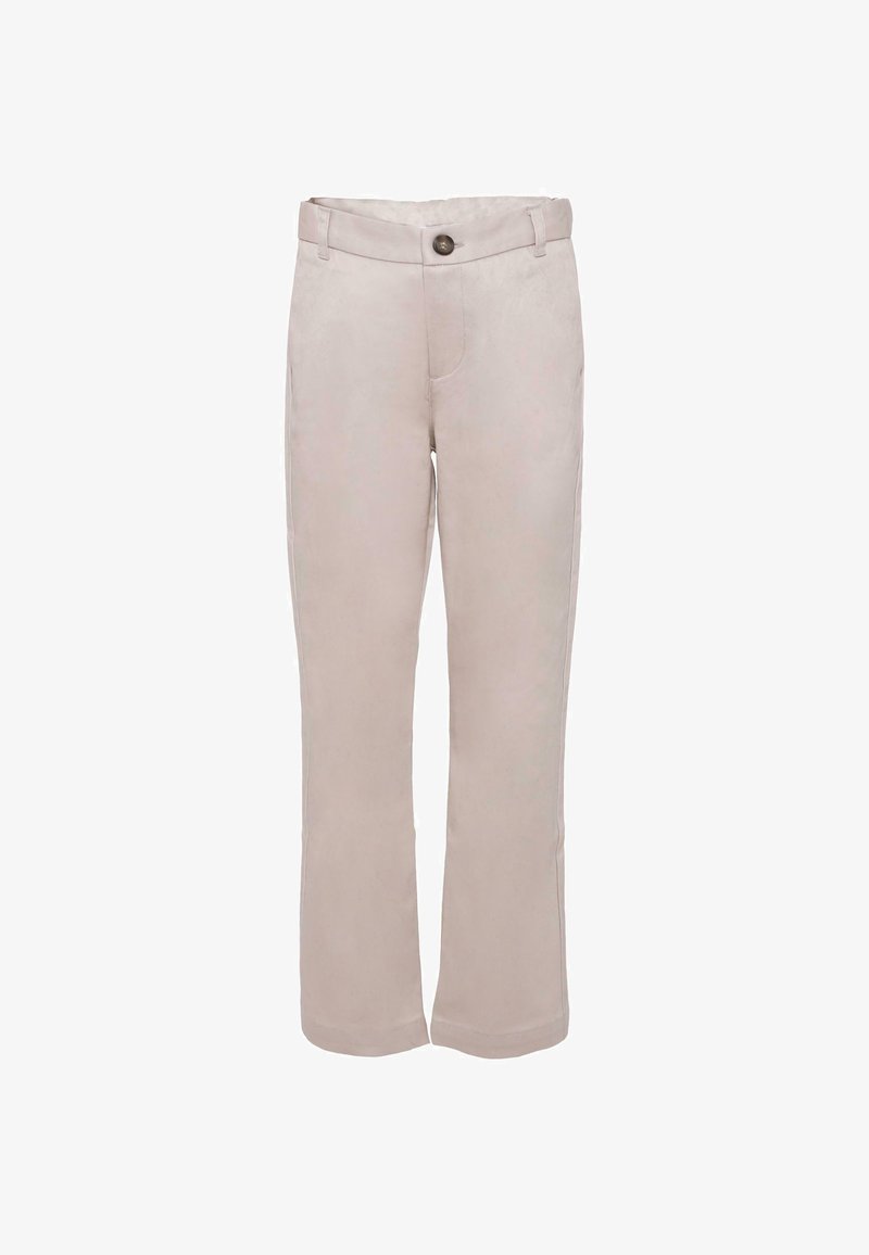 Beige, rechte broek van zacht materiaal. Voorzien van een frontsluiting met knoop, riemlussen en zijzakken. Eenvoudig ontwerp, geen patronen.