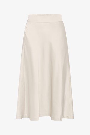 Svetložltá midi sukňa vyrobená z hladkej, saténovej látky. Má priliehavý pás a smerom k spodnému okraju sa rozširuje, bez vzorov.