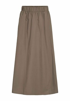 Gonna A-line con vita elastica in una tonalità marrone tenue. Il tessuto appare liscio con una leggerissima lucentezza; lunghezza fino al ginocchio senza motivi o dettagli visibili.