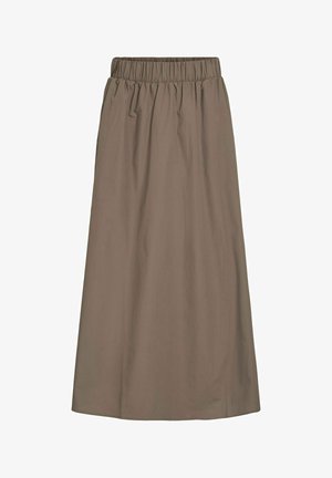 Gonna A-line con vita elastica in una tonalità marrone tenue. Il tessuto appare liscio con una leggerissima lucentezza; lunghezza fino al ginocchio senza motivi o dettagli visibili.