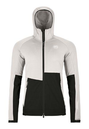 Light gray and black hooded zip-up jacket with long sleeves and two zippered front pockets.